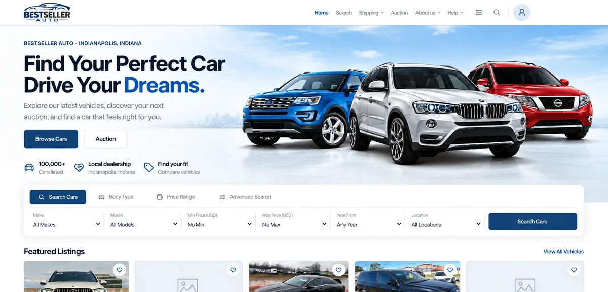 Bestseller Auto website showing vehicle listings, search filters and shipping navigation