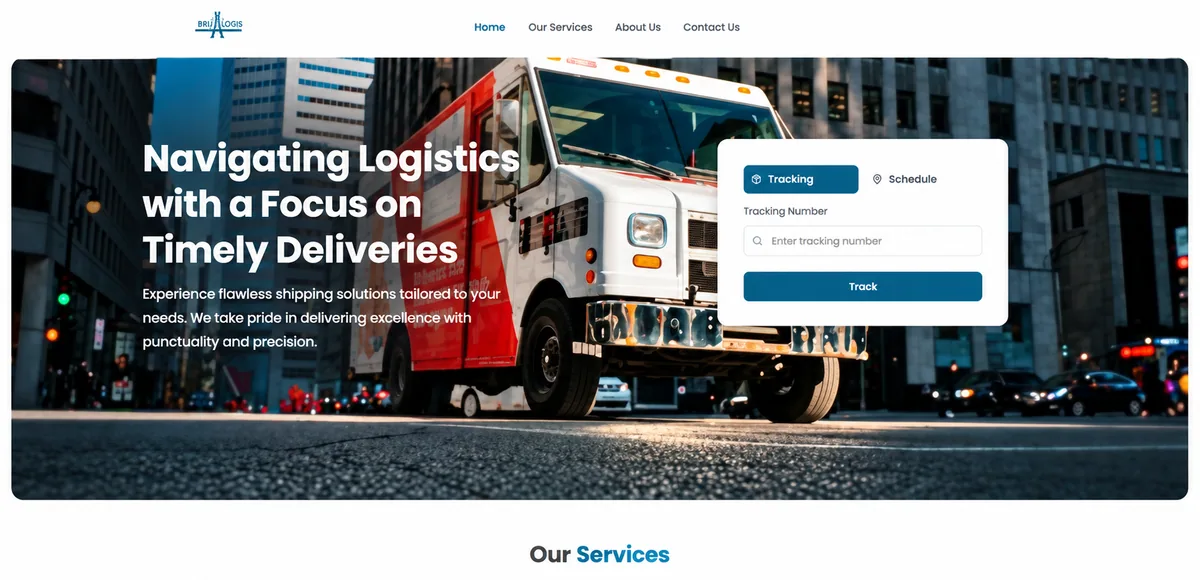 Brij logistics website with a delivery truck, shipment tracking and scheduling