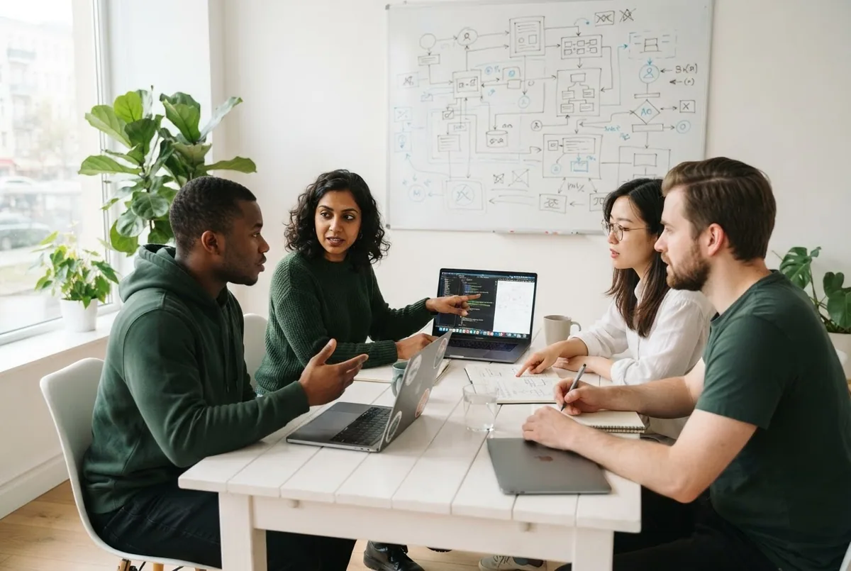 People collaborating around a table in a bright workspace — illustrative image